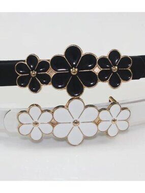 Floral Buckle Skinny Belt Set of 2 - Black & White with Gold Accents